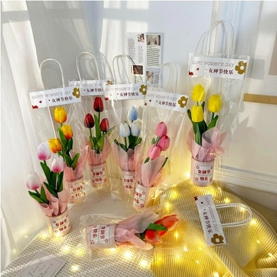 ราคาดี ซิมูเลน PU Tulip Hug Bucket Cute Wool Flower Hug Blessing Gift Creative Festival Holiday Gift Wholesale การจัดงานวันหยุดของขวัญของขวัญของขวัญ ออนไลน์