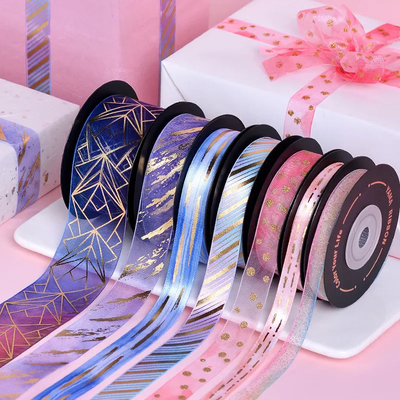 ราคาดี โฟลยทอง Chiffon Ribbon Printing Custom Logo Satin 100% โพลีเอสเตอร์ สําหรับม้วนบรรจุ ออนไลน์